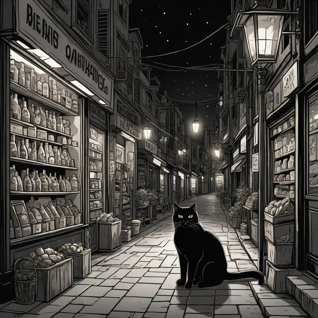 a black cat sitting on a tiled floor in a store front with a storefront and a storefront with a storefront with a black cat sitting on the floor, modern european ink painting, a storybook illustration, Asaf Hanuka, promotional image