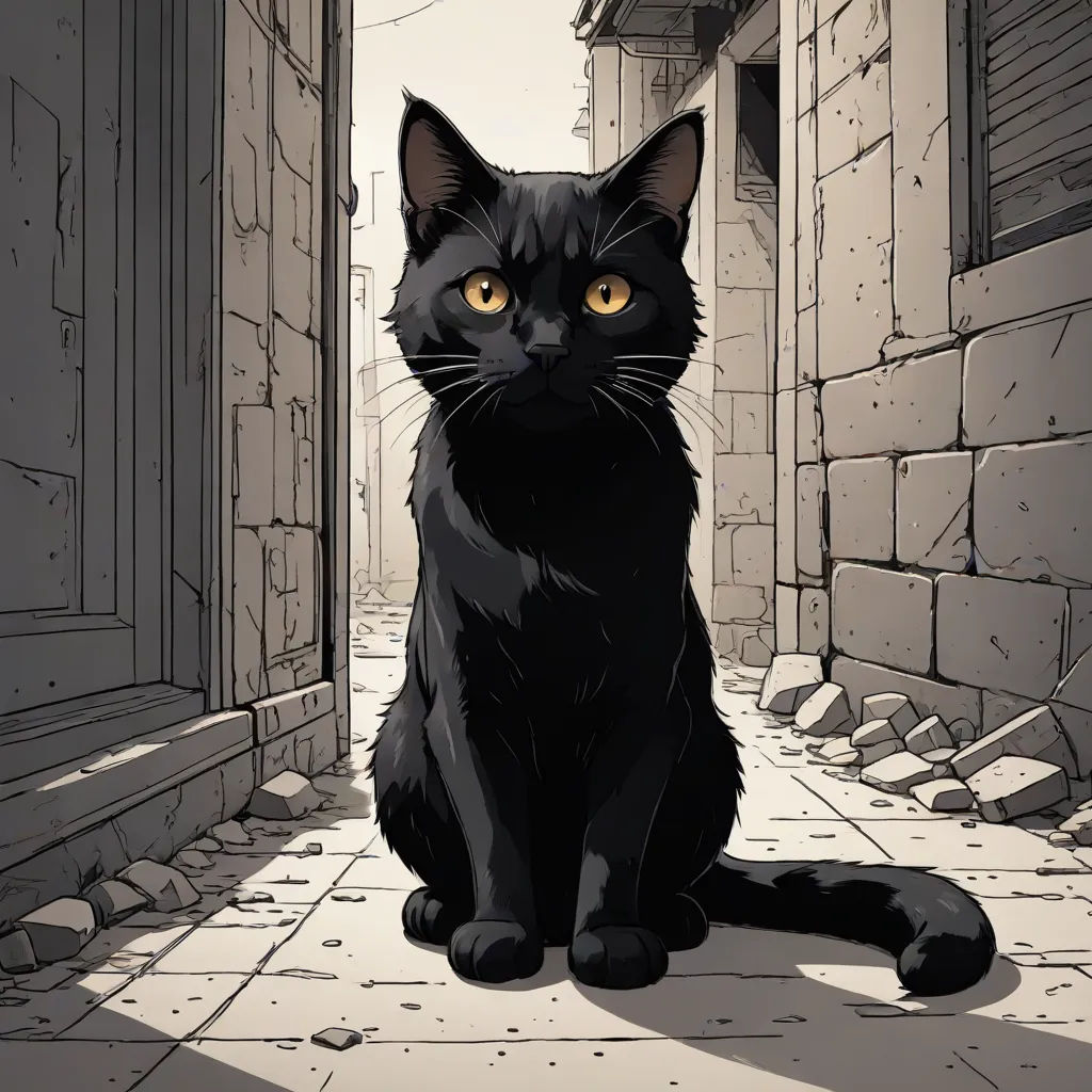 a black cat sitting on a stone floor in a doorway way with a stone wall and a doorway leading to another building, underground comix, a comic book panel, Dan Mumford, comic cover art