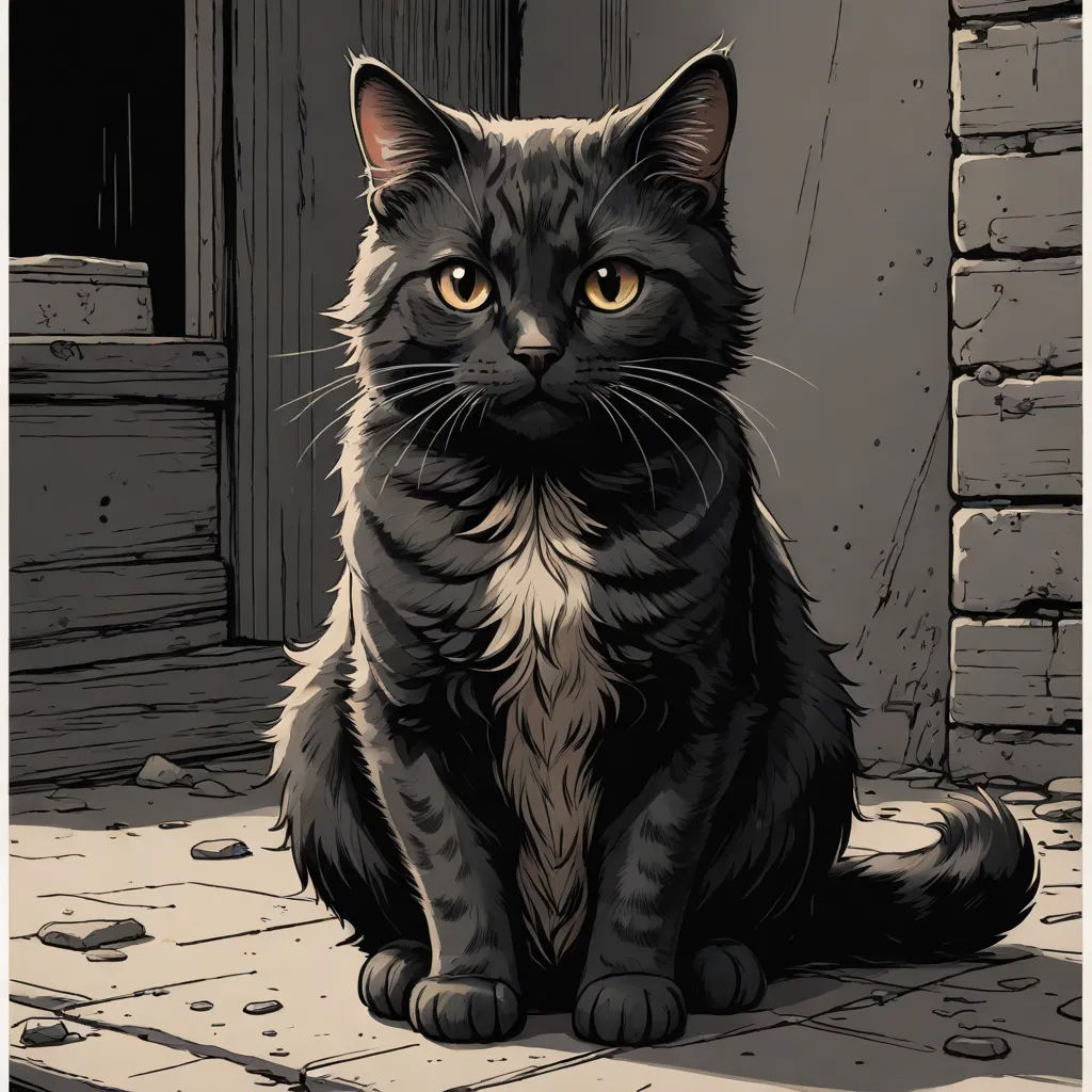 a black cat sitting on a brick floor next to a door and a brick wall with a door open, serial art, a comic book panel, Dan Mumford, graphic novel