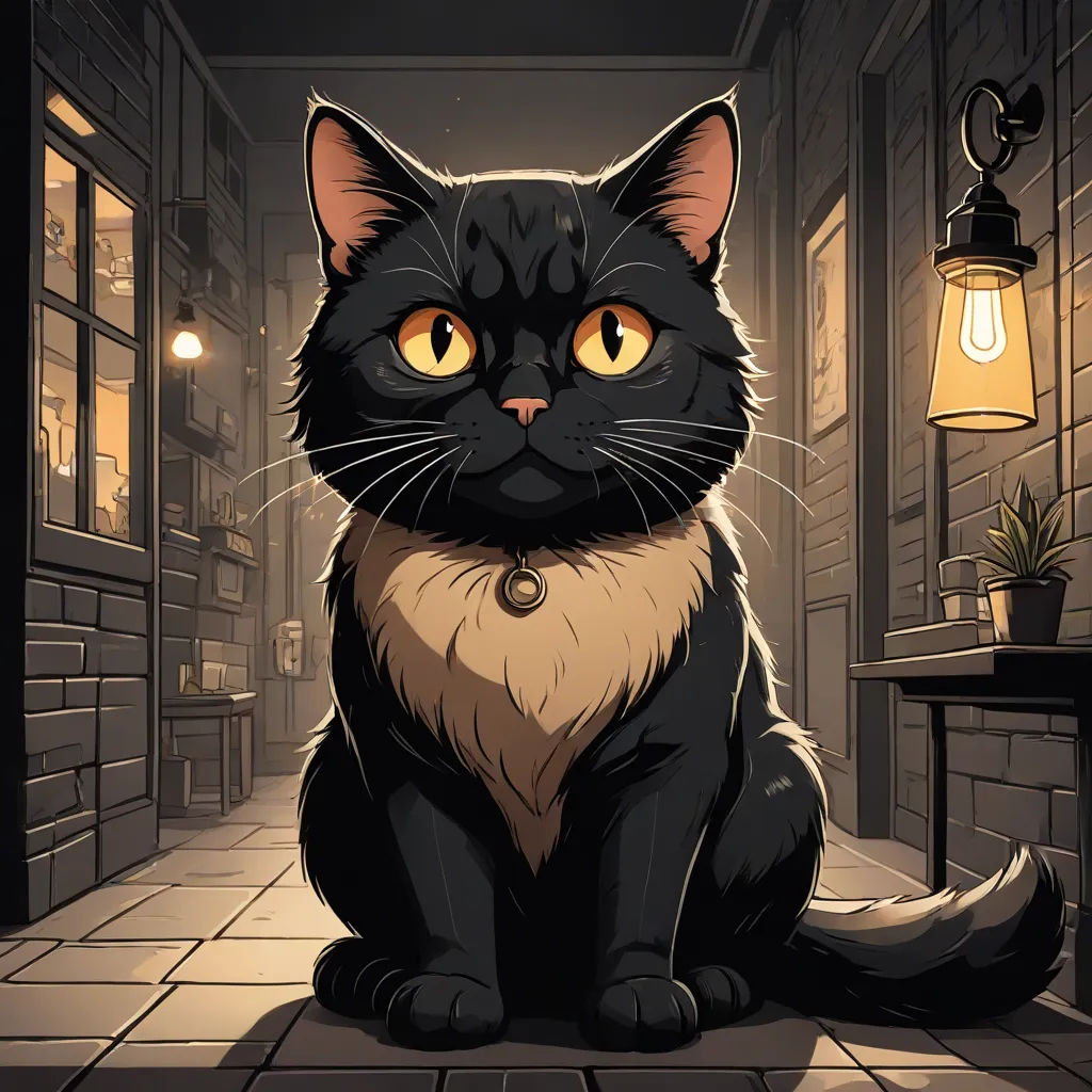 a black cat sitting on a tiled floor next to a lamp and a window with a light on it, sots art, a character portrait, Dan Mumford, game art