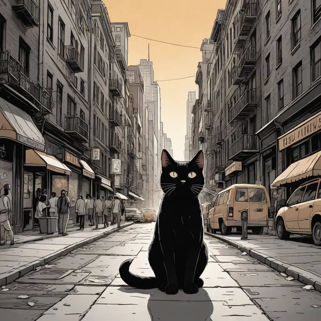 a black cat sitting on a sidewalk in a city street with buildings and people in the background, with a yellow sky, underground comix, a comic book panel, Asaf Hanuka, graphic novel