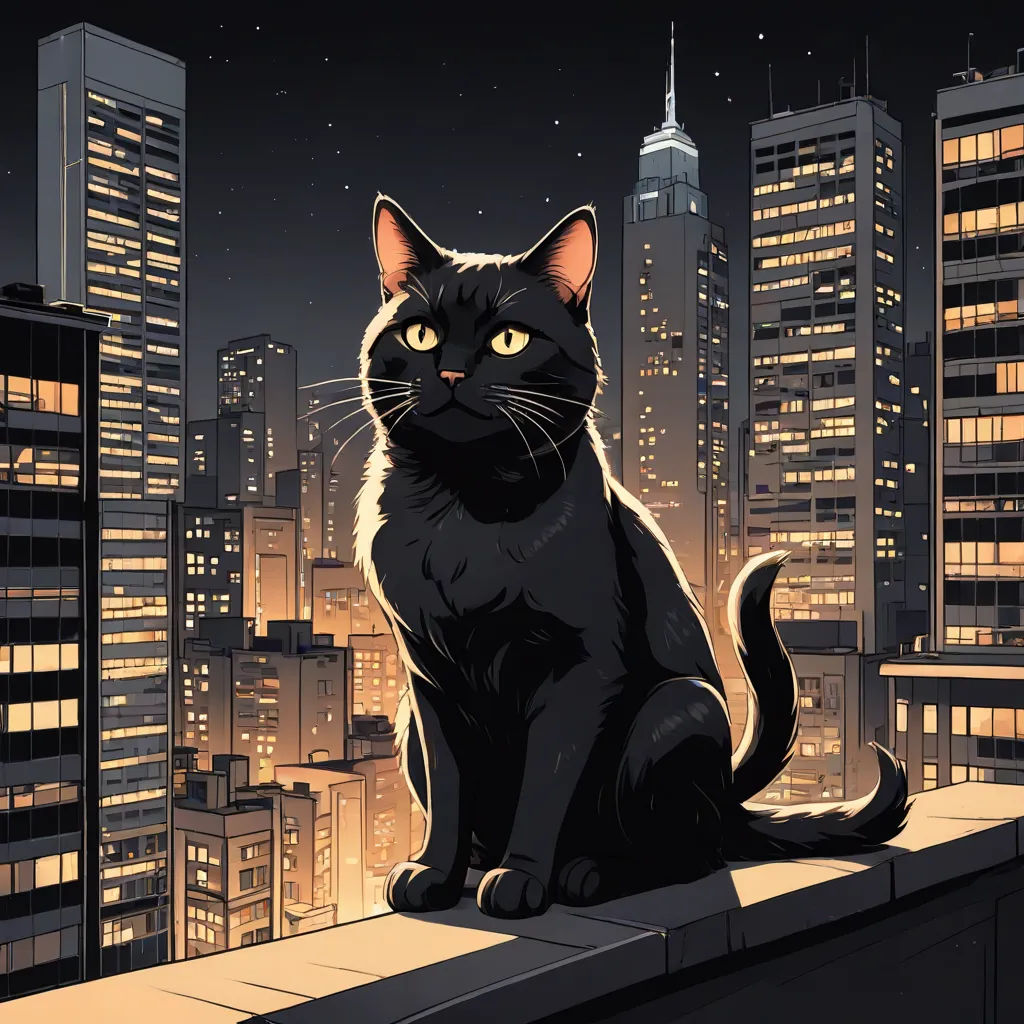 a black cat sitting on a ledge in front of a city skyline at night with buildings lit up in the background, serial art, an album cover, Dan Mumford, city background