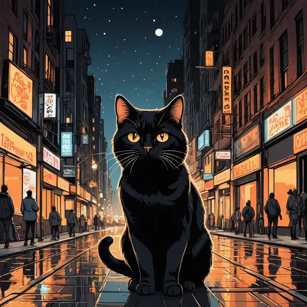 a black cat sitting on a wet sidewalk in a city at night with people walking by and a full moon, serial art, poster art, Dan Mumford, josan gonzales and dan mumford