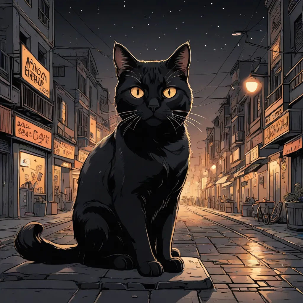 a black cat sitting on a sidewalk in the middle of a city at night with a street light in the background, underground comix, a comic book panel, Dan Mumford, josan gonzales and dan mumford