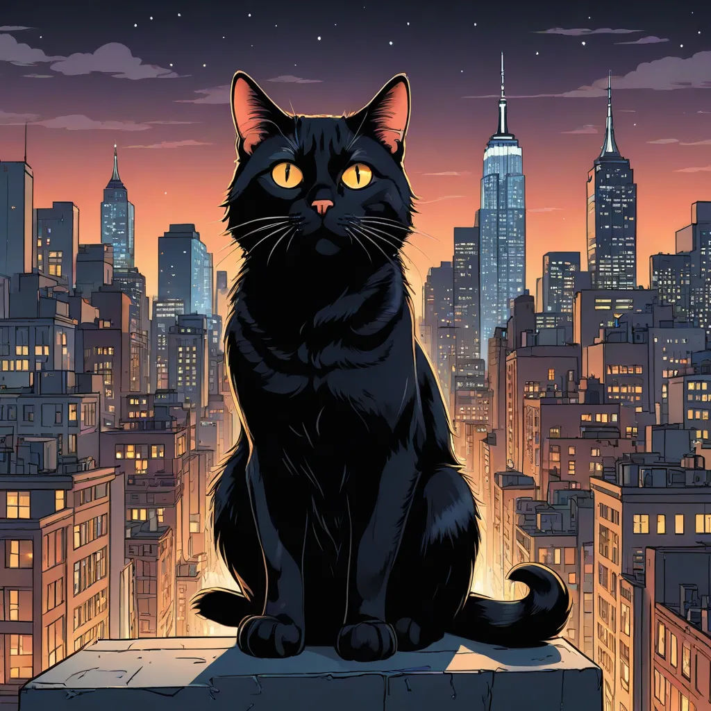 a black cat sitting on top of a building with a city skyline in the background at night time with the moon shining, furry art, a comic book panel, Dan Mumford, city background