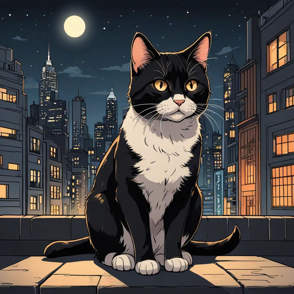 a black and white cat sitting on a ledge in front of a city at night with a full moon, serial art, a character portrait, Dan Mumford, official art
