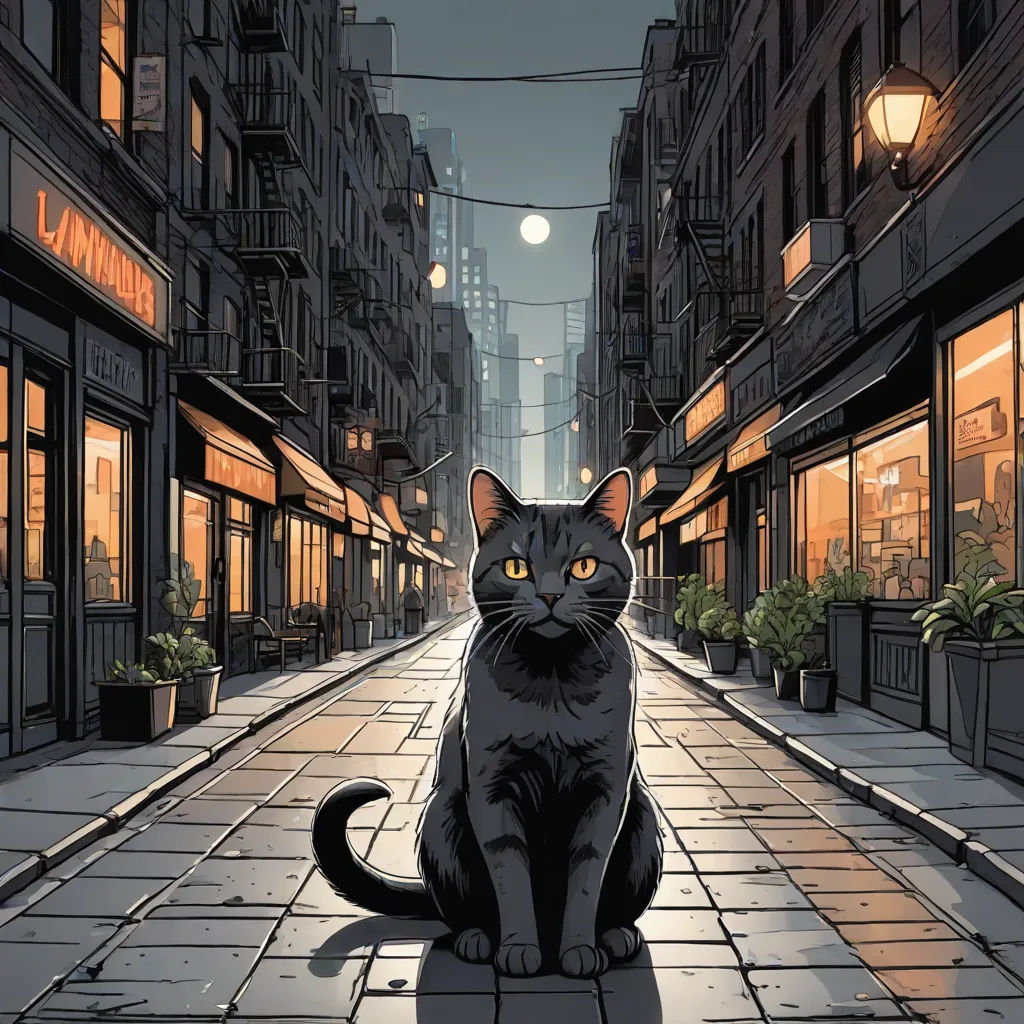 a cat sitting on a sidewalk in a city at night time with a full moon in the background and a street light in the foreground, underground comix, a comic book panel, Dan Mumford, comic cover art