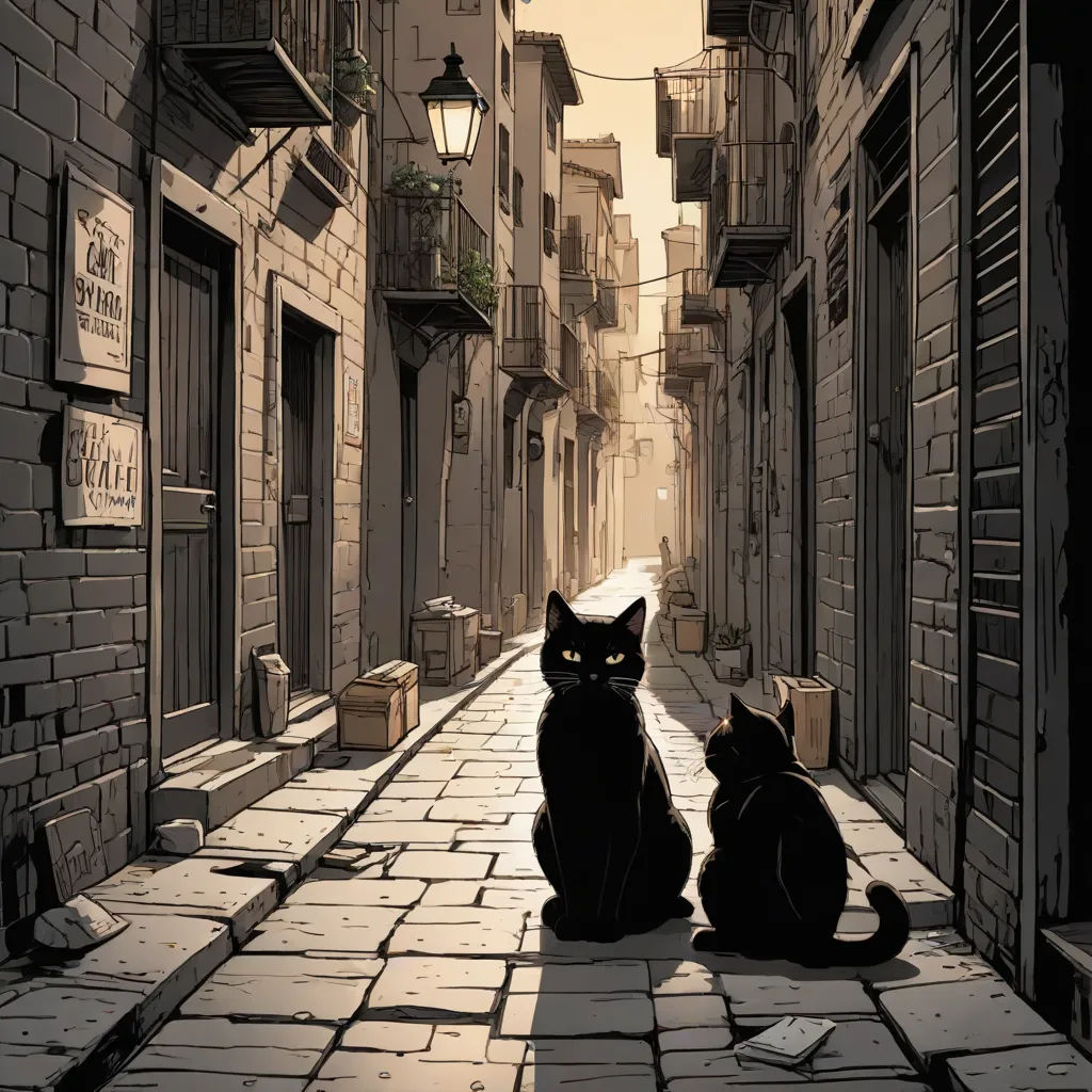 two cats sitting on a cobblestone street in a city setting, facing away from the camera,, gothic art, a comic book panel, Art Spiegelman, comic cover art