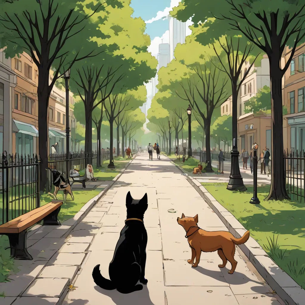 a dog and a cat are sitting on a sidewalk in a park with trees and benches on either side of the street, environmental art, a comic book panel, Asaf Hanuka, official art