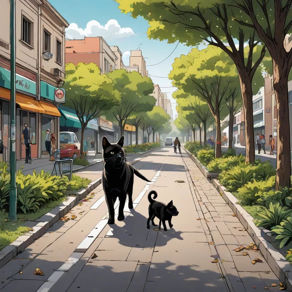 a black cat and a black dog walking down a street next to a tree lined sidewalk with shops and people, environmental art, a comic book panel, Asaf Hanuka, official art