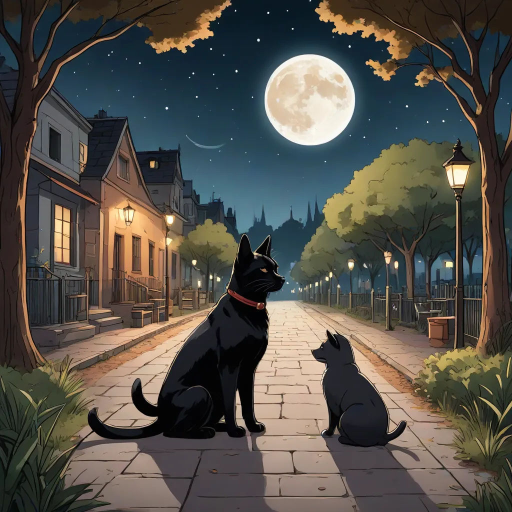 a couple of dogs sitting on a sidewalk next to a street at night with a full moon in the sky, furry art, a storybook illustration, Cyril Rolando, official art