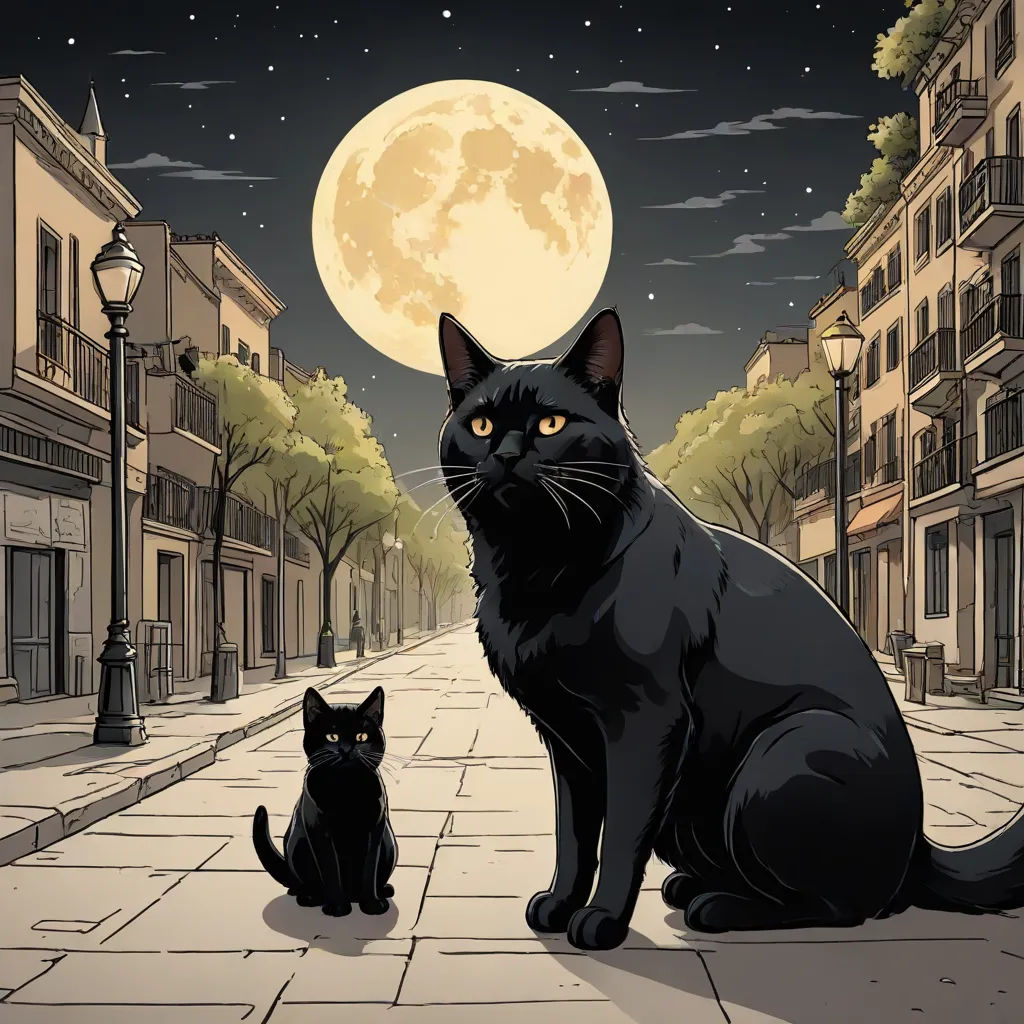 a black cat and a black cat sitting on a sidewalk in front of a full moon sky with buildings, gothic art, an album cover, Dan Mumford, promotional image