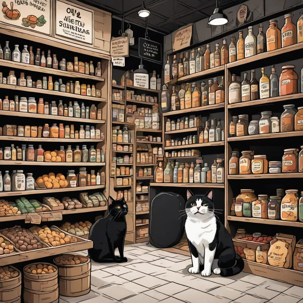 a cat sitting in a store with a black and white cat sitting on the floor in front of it, furry art, a storybook illustration, Art Spiegelman, official art