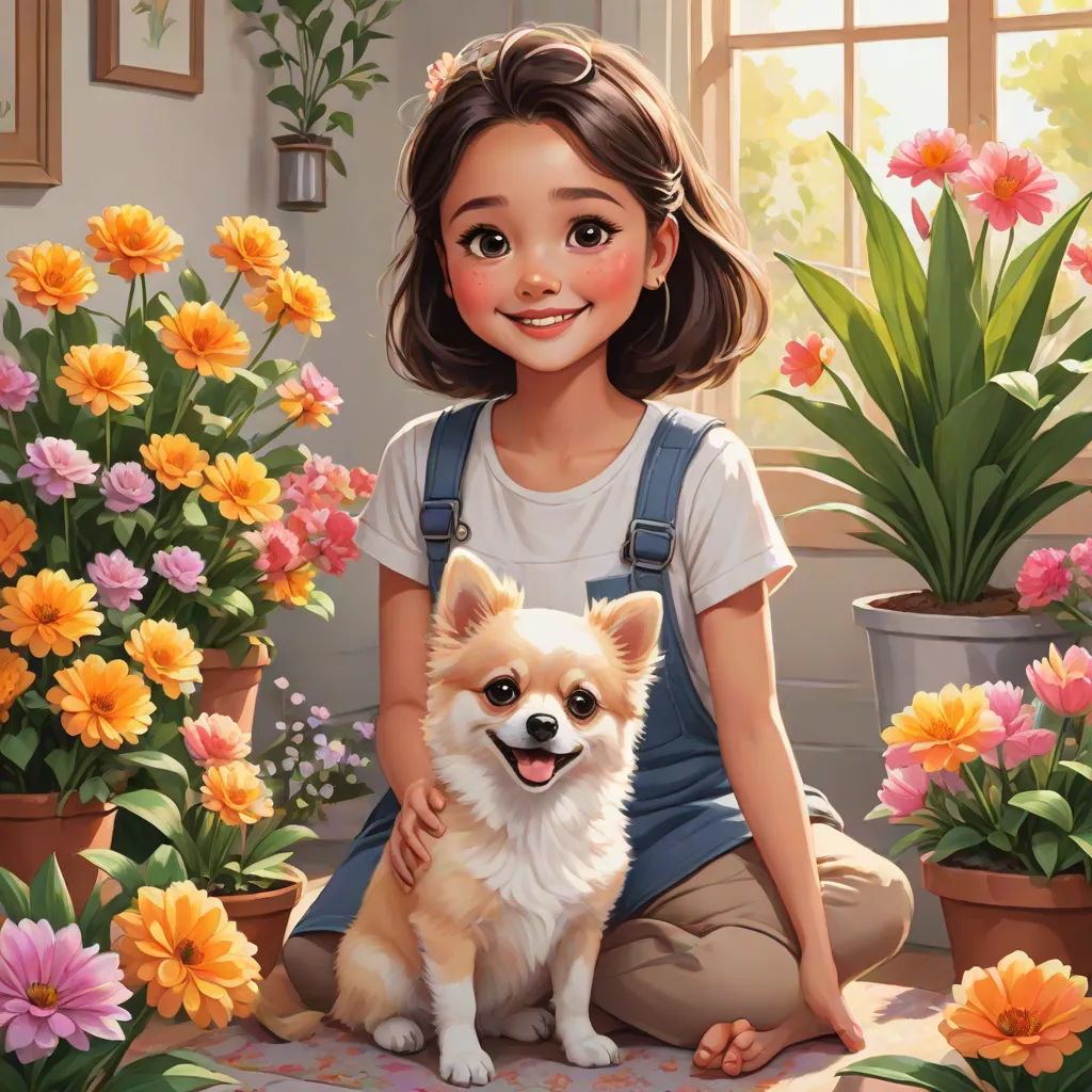 a painting of a girl sitting on the ground with a dog in front of flowers and potted plants, a storybook illustration, Artgerm, fantasy art, stanley artgerm lau