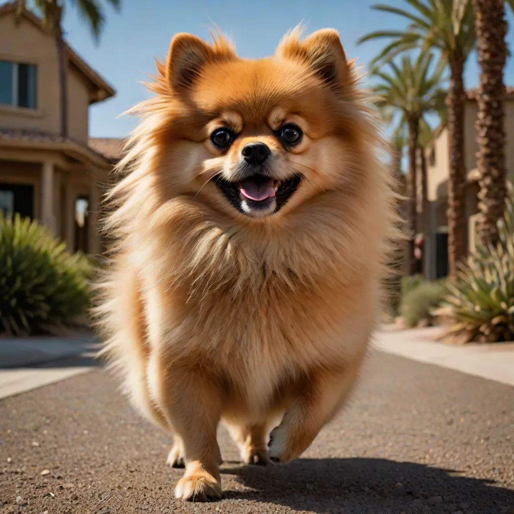 a dog is running down the street with its mouth open and tongue out, with palm trees in the background, a stock photo, Chris LaBrooy, photorealism, animal photography