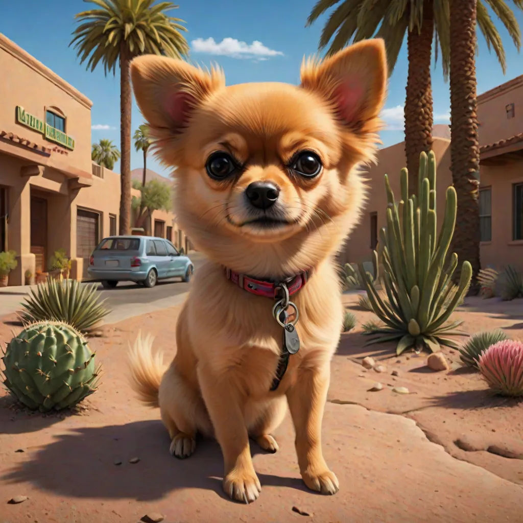 a dog standing on a sidewalk in front of a building and a cactus tree with a car parked in front of it, a hyperrealistic painting, Chris LaBrooy, photorealism, highly detailed digital painting