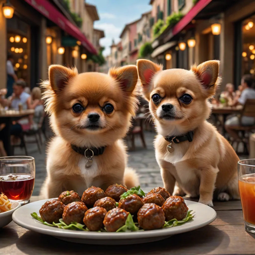 two small dogs sitting on a table with food and drinks in front of them, one of them is looking at the camera, a stock photo, Bourgeois, art photography, animal photography