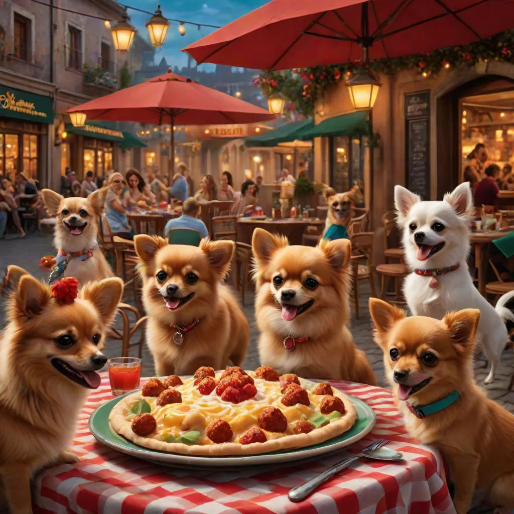 a group of dogs sitting around a pizza on a table with a plate of food on it and people sitting at tables, a photorealistic painting, Chris LaBrooy, furry art, promotional image