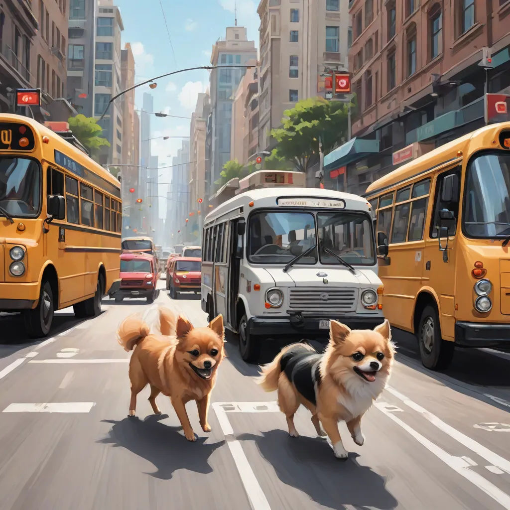 a painting of two dogs running across a street in front of a bus and a bus stop in the background, a hyperrealistic painting, Evgeny Lushpin, photorealism, highly detailed digital painting