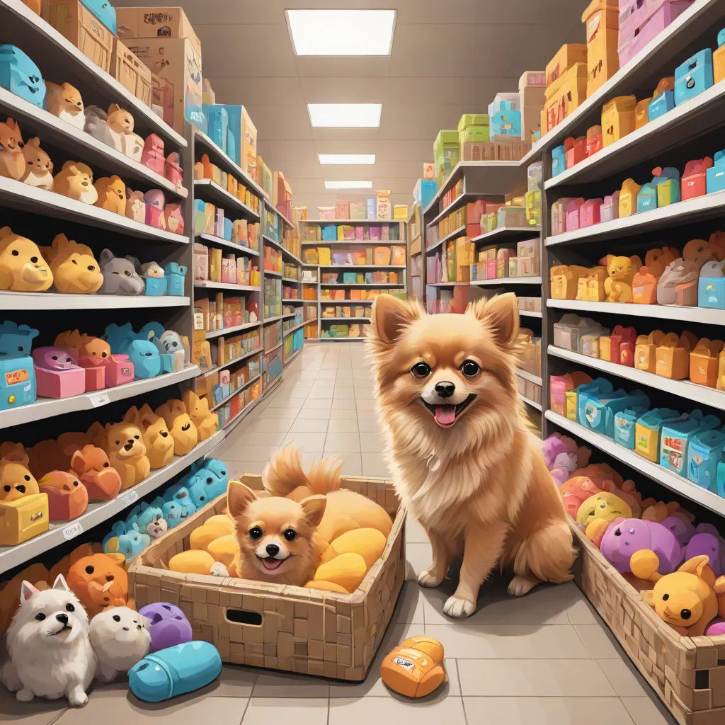 a dog sitting in a store with stuffed animals in the aisle of the store, and a dog in a basket, a storybook illustration, Chris LaBrooy, photorealism, highly detailed digital painting