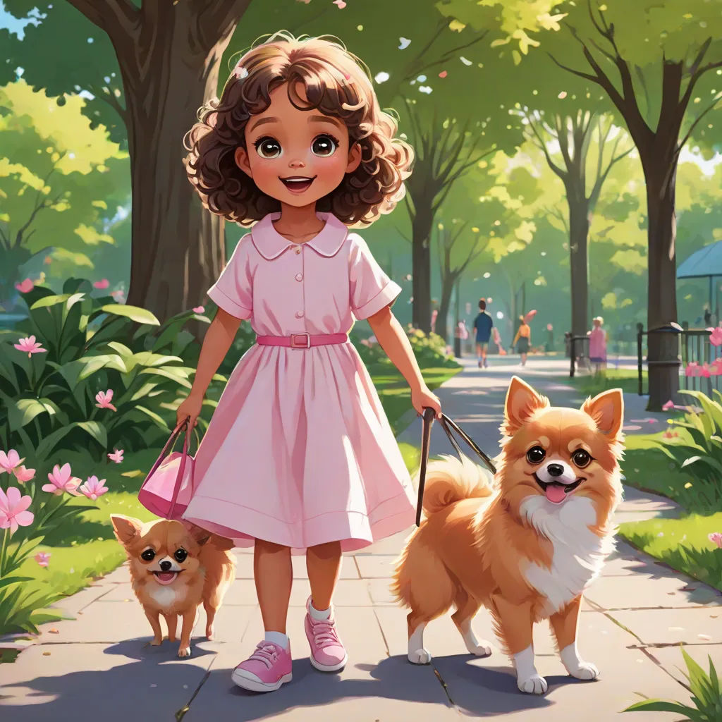 a little girl in a pink dress holding a pink purse and walking two dogs on a leash in a park, a storybook illustration, Chris Rallis, american scene painting, official art