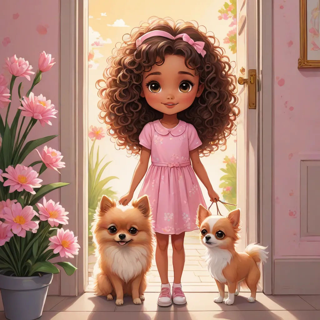 a girl and two dogs standing in front of a door with pink flowers in the background and a pink wall, a storybook illustration, disney, pop surrealism, kinkade