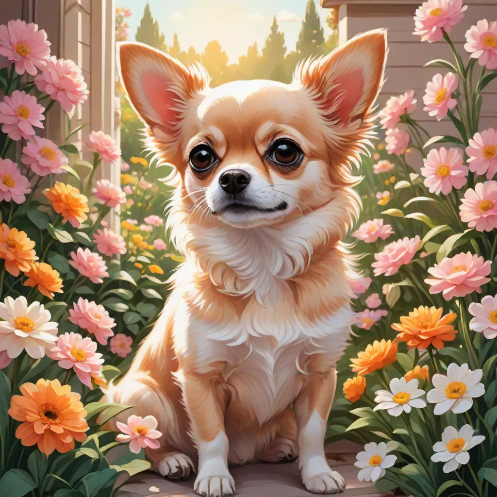 a painting of a dog sitting in a garden of flowers and daisies with a house in the background, a fine art painting, Chris LaBrooy, furry art, highly detailed digital painting