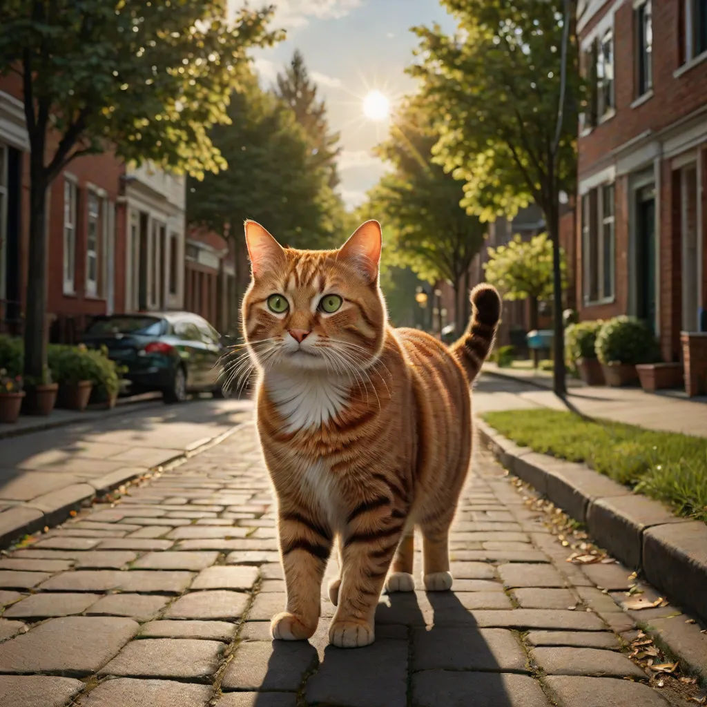 a cat walking down a brick sidewalk in the sun light, with trees in the background and a car parked on the side of the road, photorealism, a photorealistic painting, Chris LaBrooy, award - winning photo