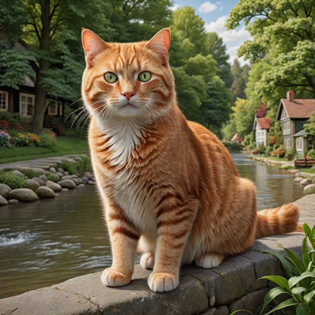 a cat sitting on a ledge near a river and houses in the background with a blue sky and clouds, photorealism, a photorealistic painting, Evgeny Lushpin, highly detailed digital painting