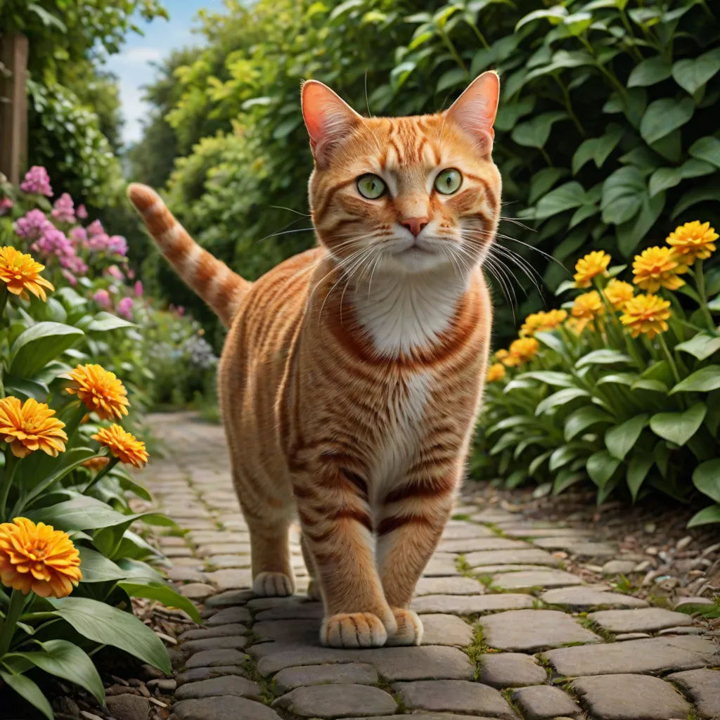 a cat walking down a brick path in a garden with flowers and shrubs around it, with a blue sky in the background, photorealism, a photorealistic painting, Carlos Catasse, highly detailed digital painting