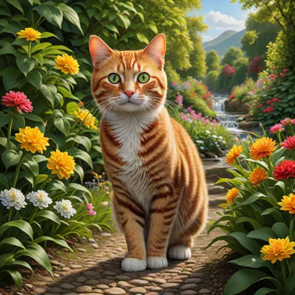 a cat standing on a path surrounded by flowers and trees and a stream of water in the background with a sky, photorealism, a photorealistic painting, Chris LaBrooy, highly detailed digital painting