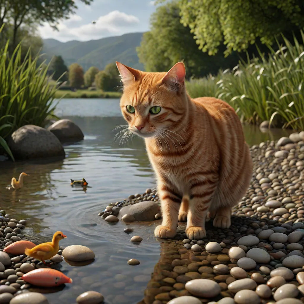 a cat standing on a rock next to a pond with ducks and ducks in it and a duckling in the water, photorealism, a photorealistic painting, Chris LaBrooy, highly detailed digital painting