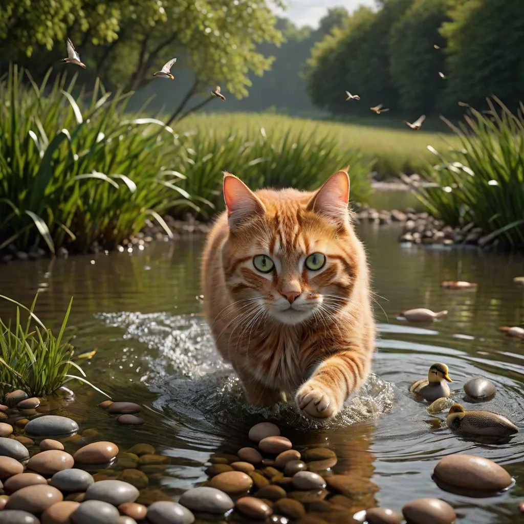 a cat walking through a river with rocks and grass in the background and birds flying overhead in the sky, photorealism, a photorealistic painting, Chris LaBrooy, highly detailed digital painting