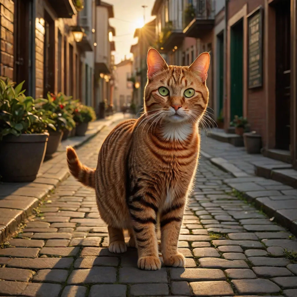 a cat standing on a brick street in front of a building with a green eyed cat on it's back, photorealism, a photorealistic painting, Chris LaBrooy, award - winning photo