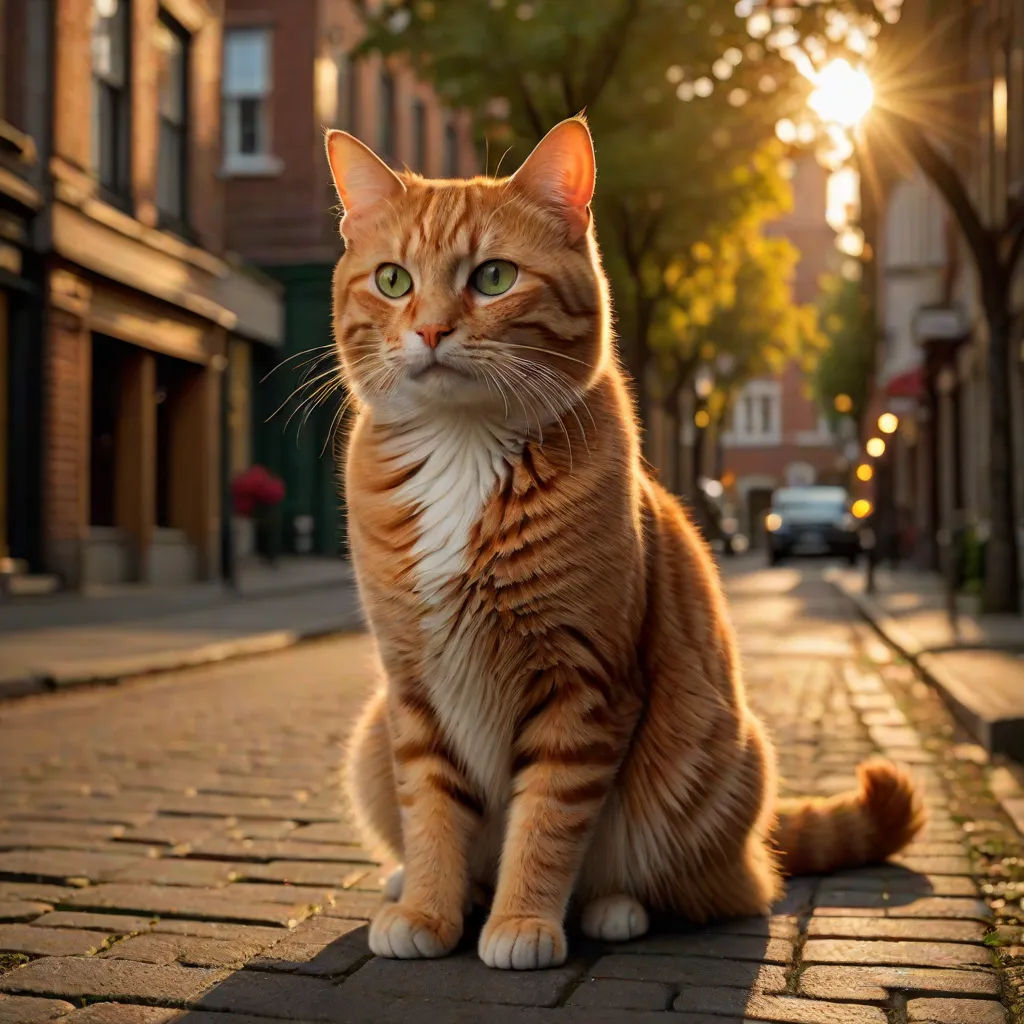 a cat sitting on a brick sidewalk in the sun light, with a building in the background and a tree in the foreground, photorealism, a photorealistic painting, Evgeny Lushpin, award - winning photography