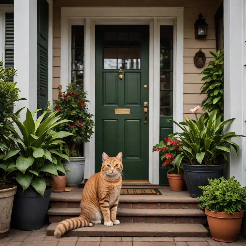 a cat sitting on the steps of a house with potted plants and potted plants in front of it, arts and crafts movement, a photorealistic painting, Felix Octavius Carr Darley, award - winning photography