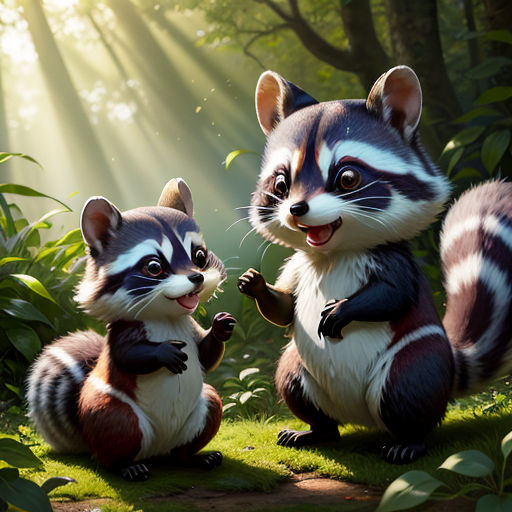 a couple of raccoons standing on top of a lush green field next to a forest filled with trees
