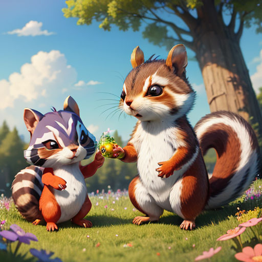 a couple of animals that are standing in the grass together in the grass and flowers in the background are trees