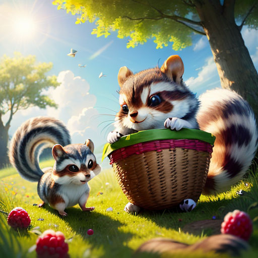 a painting of a cat and a squirrel in a basket in the grass with a tree in the background