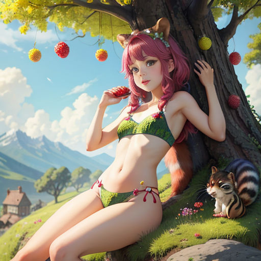 a woman in a bikini next to a cat and a tree with fruit on it, with a mountain in the background