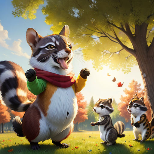 a painting of a cat with a scarf on and other cats in the background, and a tree with leaves