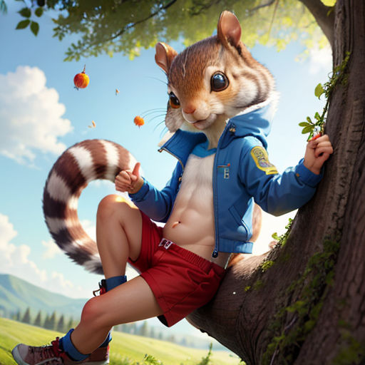 a man in a blue jacket and red shorts sitting on a tree branch with a cat in his lap
