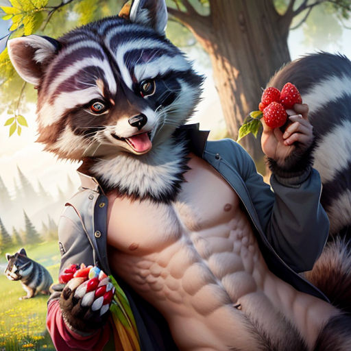 a man with a raccoon on his chest holding a raspberry in his hand and a raccoon in his other hand