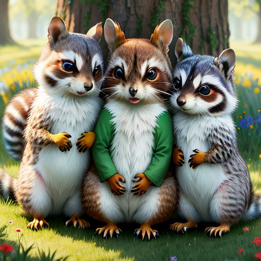 three raccoons are sitting in the grass together, with a green shirt on their chest and a green shirt on their chest