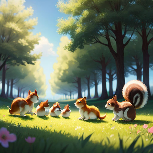 a group of animals that are standing in the grass together in a field of grass and flowers, with trees in the background