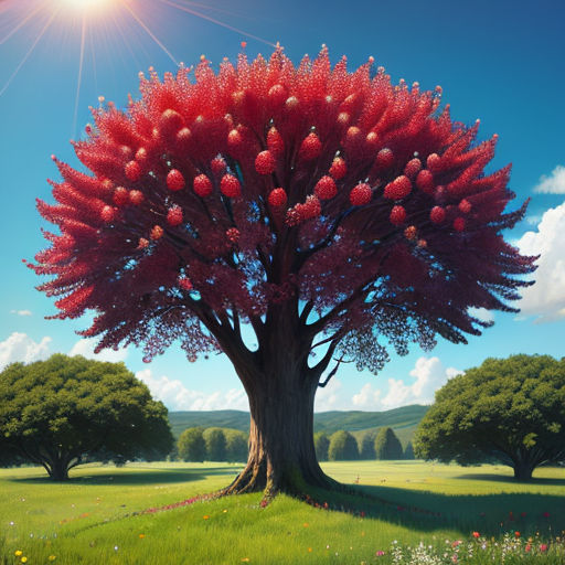 a tree with red flowers in a field with a sun in the background and a blue sky with clouds