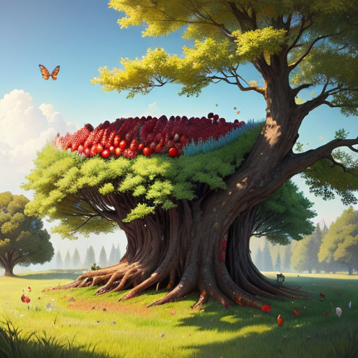 a painting of a tree with apples growing on it's trunk and a butterfly flying over it, in a field
