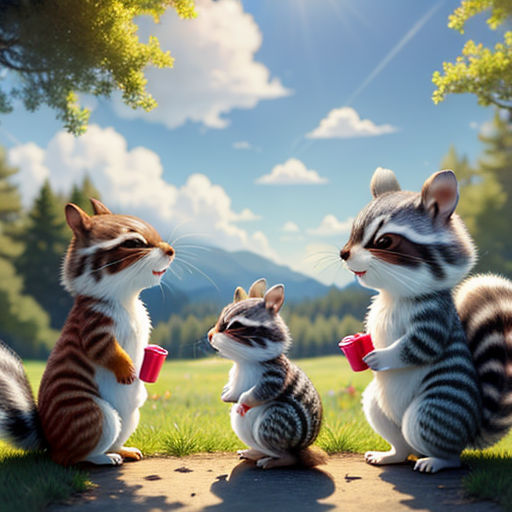 a group of cats sitting on top of a grass covered field next to a forest filled with trees and a sky