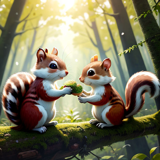 two squirrels are sitting on a tree branch eating a piece of broccoli in the forest, with the sun shining through the trees