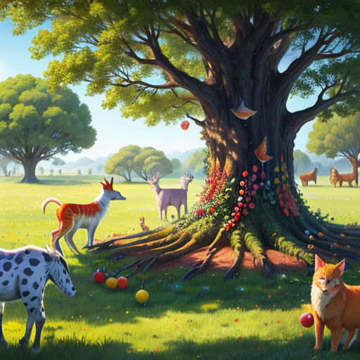 a painting of a tree with animals in it and a dog in the foreground with a dog in the background